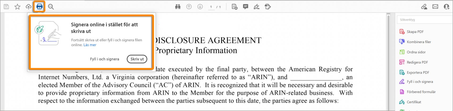 Uppmaning om att signera online istället för att skriva ut