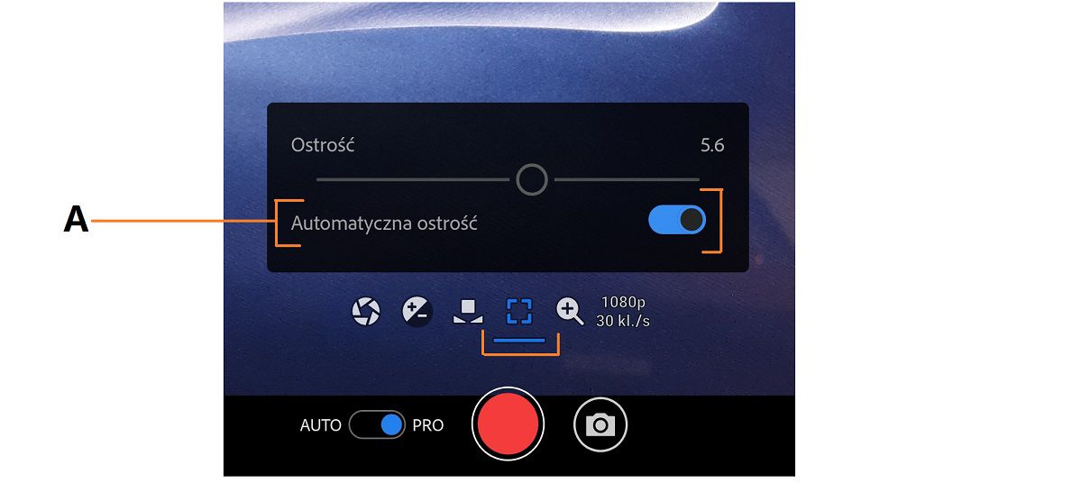 Opcje ostrości PRO aplikacji Premiere Rush