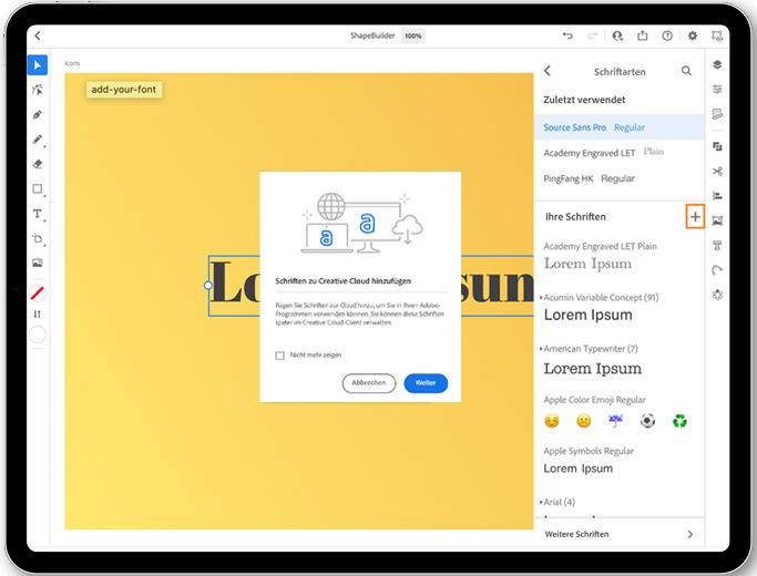 Sie können eine Schrift direkt aus der Applikation heraus aktualisieren. Das Bild zeigt eine Liste von Schriften unter der Schaltfläche „Hinzufügen“. Klicken Sie auf die Schaltfläche Hinzufügen, um Ihre eigene Schriften aus der Applikation hinzuzufügen. 