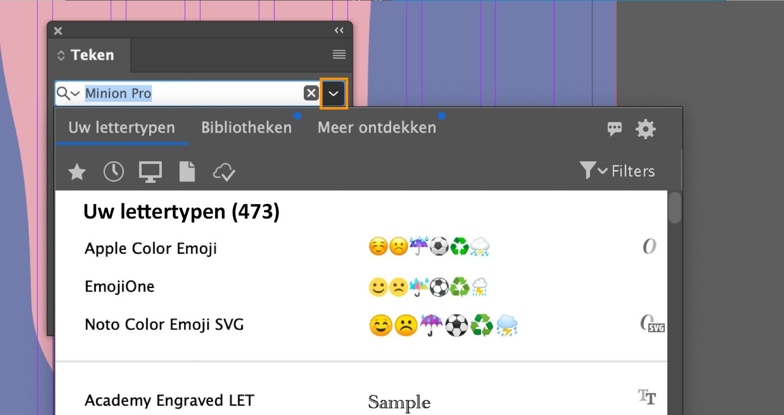 Het tekenpaneel is open, de vervolgkeuzelijst van het ingestelde lettertypeveld is gemarkeerd, het tabblad Uw lettertypen is geselecteerd in het lettertypenpaneel.
