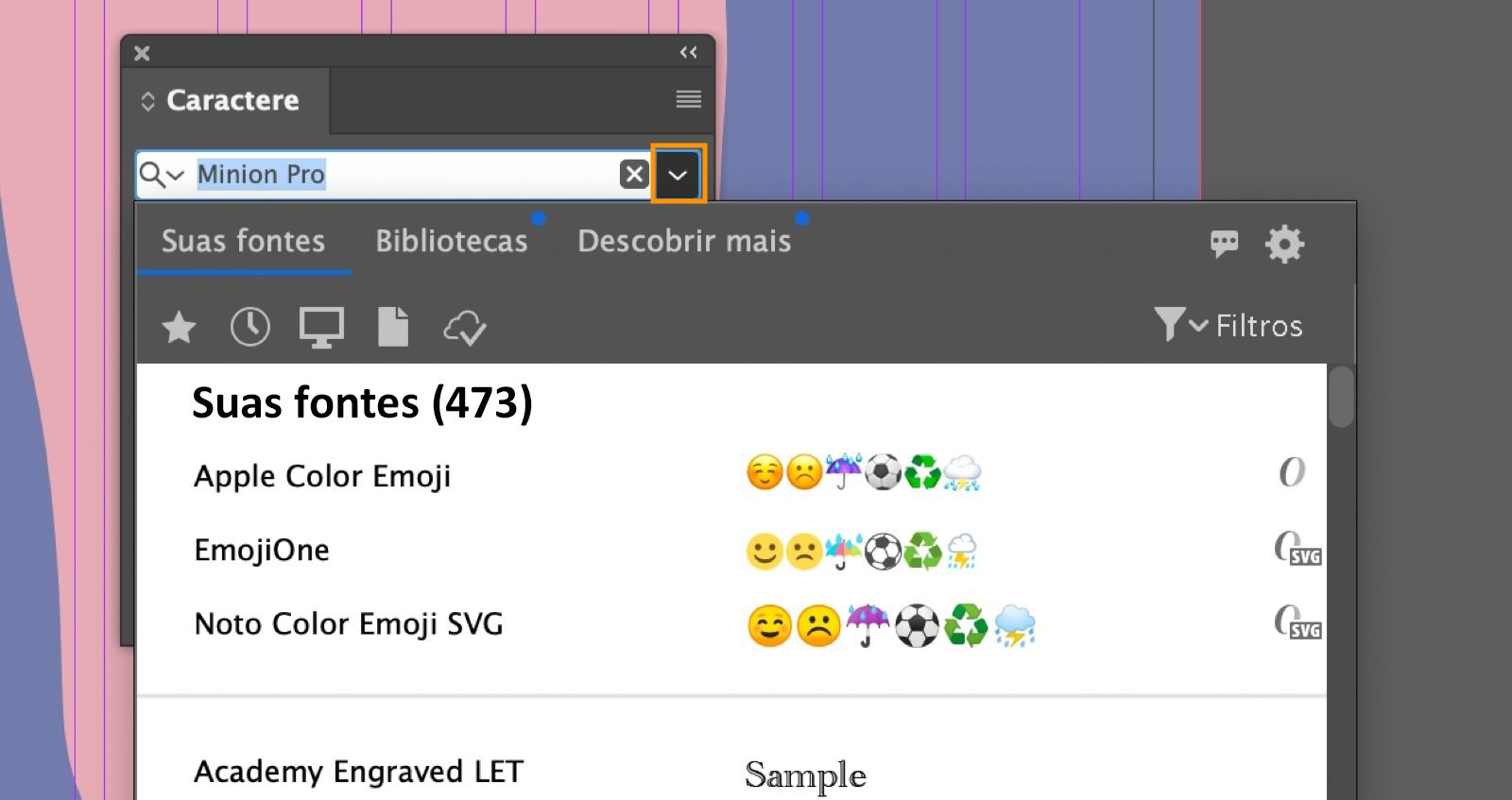 O painel Caractere está aberto, o menu suspenso do campo de fonte definida está destacado, a aba Suas fontes está selecionada no painel Fontes.