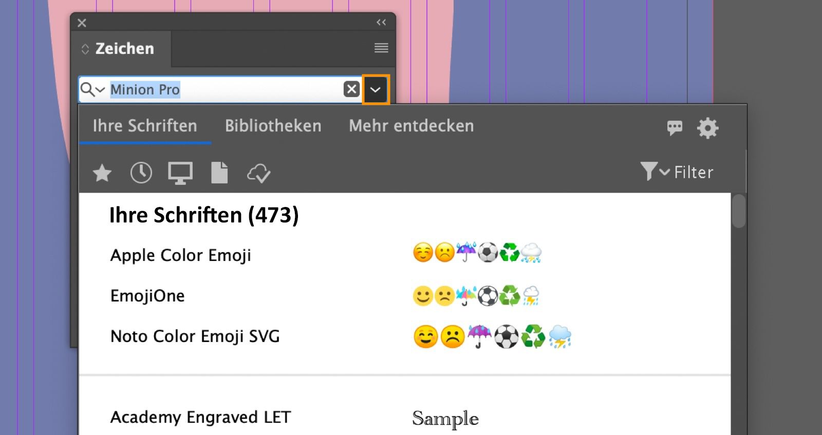 Das Bedienfeld „Zeichen“ ist geöffnet, das Dropdown-Menü für die festgelegte Schrift ist hervorgehoben, die Registerkarte „Deine Schriftarten“ ist im Bedienfeld „Schriftarten“ ausgewählt.