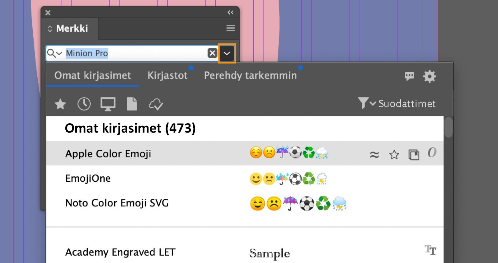 Merkki-paneeli on auki, määritetyn kirjasimen kentän pudotusvalikko on korostettuna, Omat kirjasimet -välilehti on valittuna Kirjasimet-paneelissa.