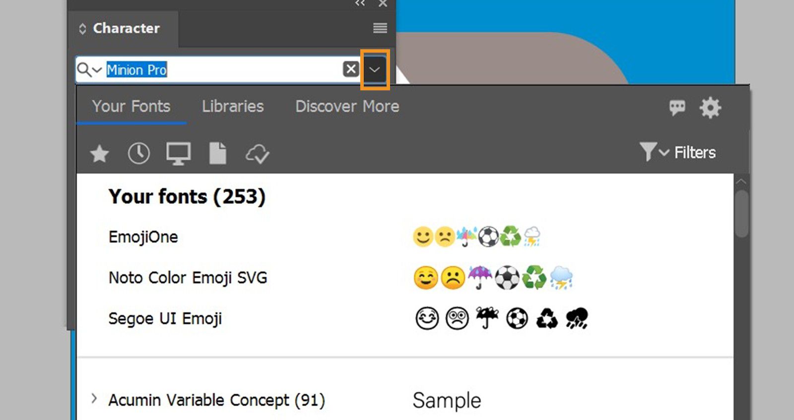 Character panel is open, the set font field dropdown is highlighted, Your Fonts tab is selected in the Fonts panel.