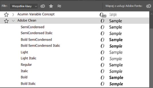 Menu Rodzina czcionek w programie Photoshop