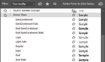 Photoshop Font ailesi menüsü