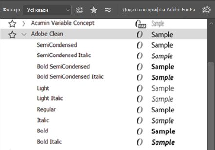 Меню «Сімейство шрифтів у Photoshop»