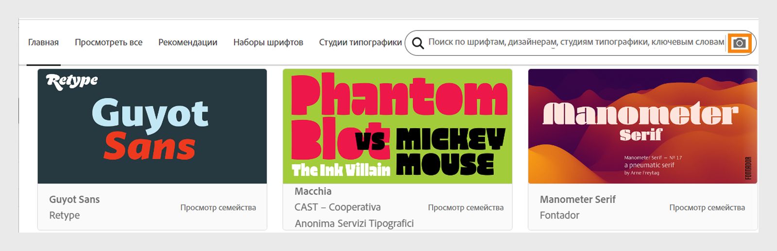 На главной странице Adobe Fonts рядом с панелью поиска отображается значок камеры.