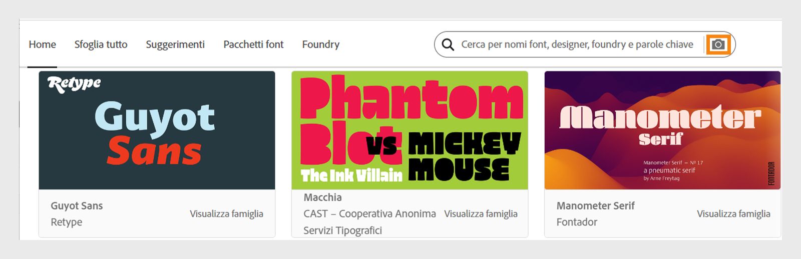 La home page di Adobe Fonts mostra l'icona della fotocamera adiacente alla barra di ricerca.