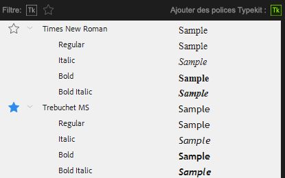 Famille de polices dans le menu Police