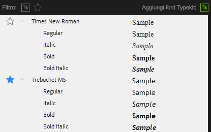 Famiglia di font nel menu Font