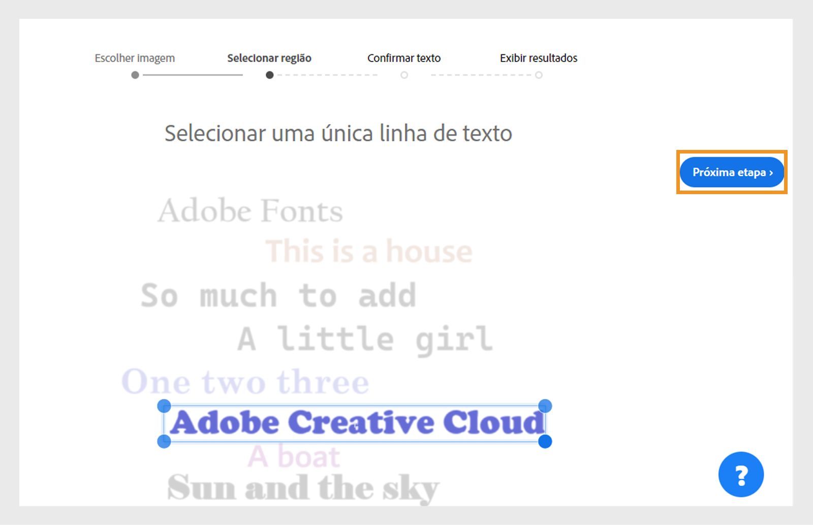 Seleção de qualquer linha de texto na imagem carregada e do botão Próxima etapa no lado direito