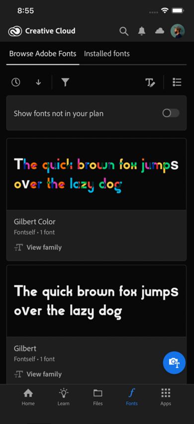 Het tabblad Lettertypen is geselecteerd in de mobiele Creatieve Cloud-app