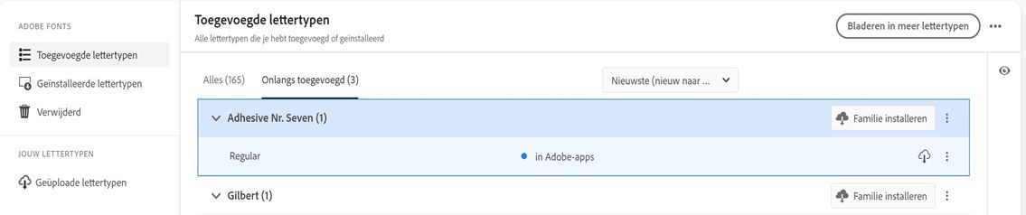 Toegevoegde lettertypen in het lidmaatschap worden weergegeven.