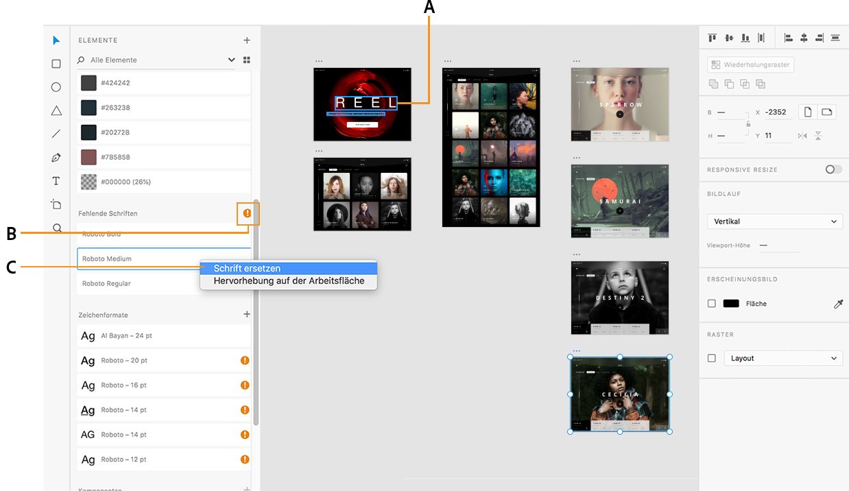 Kennzeichnung fehlender Schriften