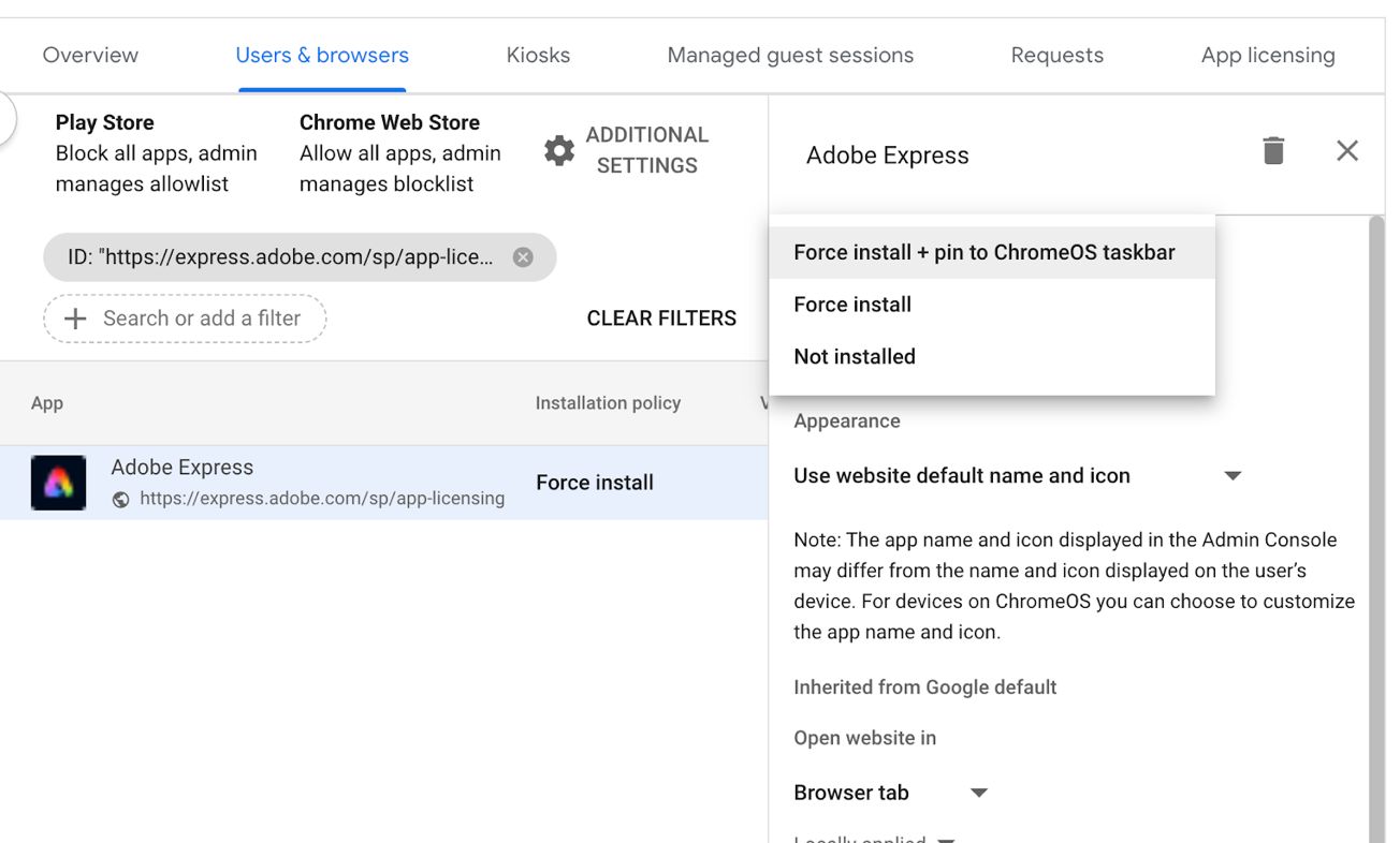 Registerkarte „Nutzer und Browser“ in der Google Admin Console mit den Optionen für Installationsrichtlinien.
