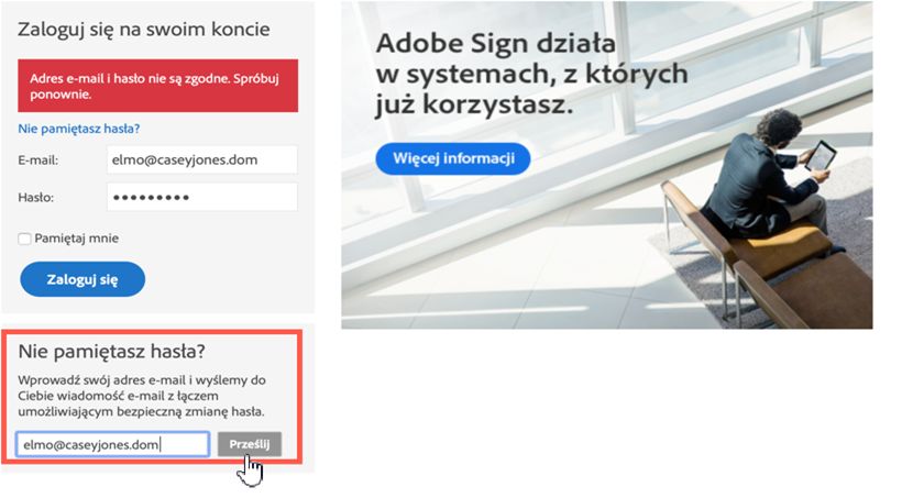 Panel Nie pamiętasz hasła