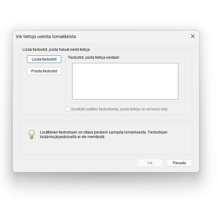 Vietyjen datatiedostojen yhdistäminen laskentataulukoksi