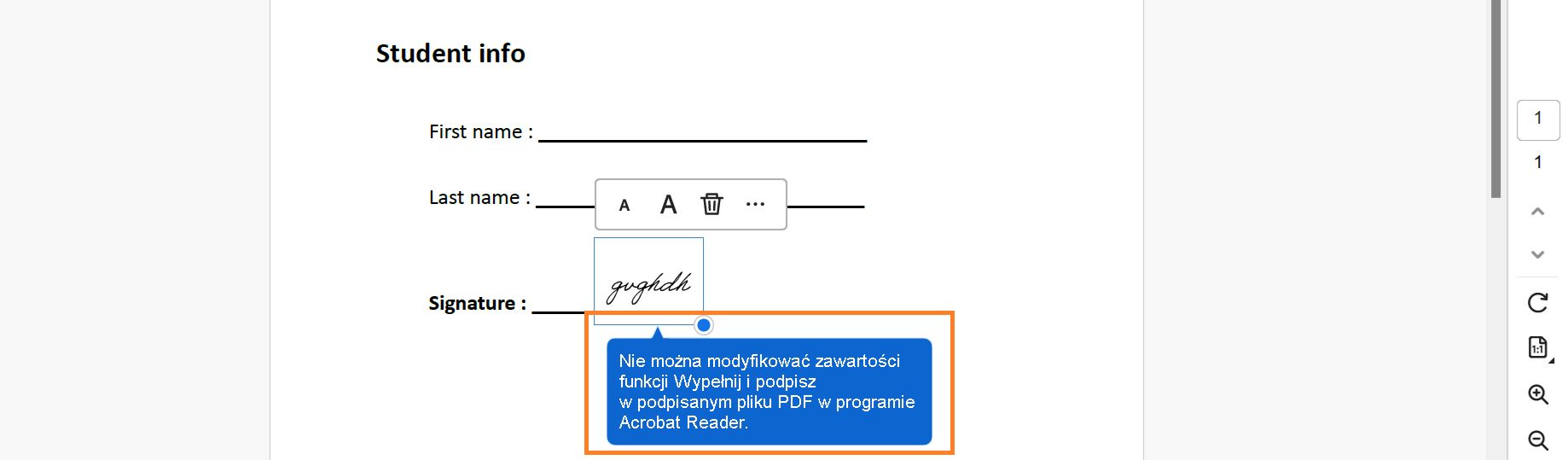 Pola formularza spłaszczone po zapisaniu podpisanego formularza 