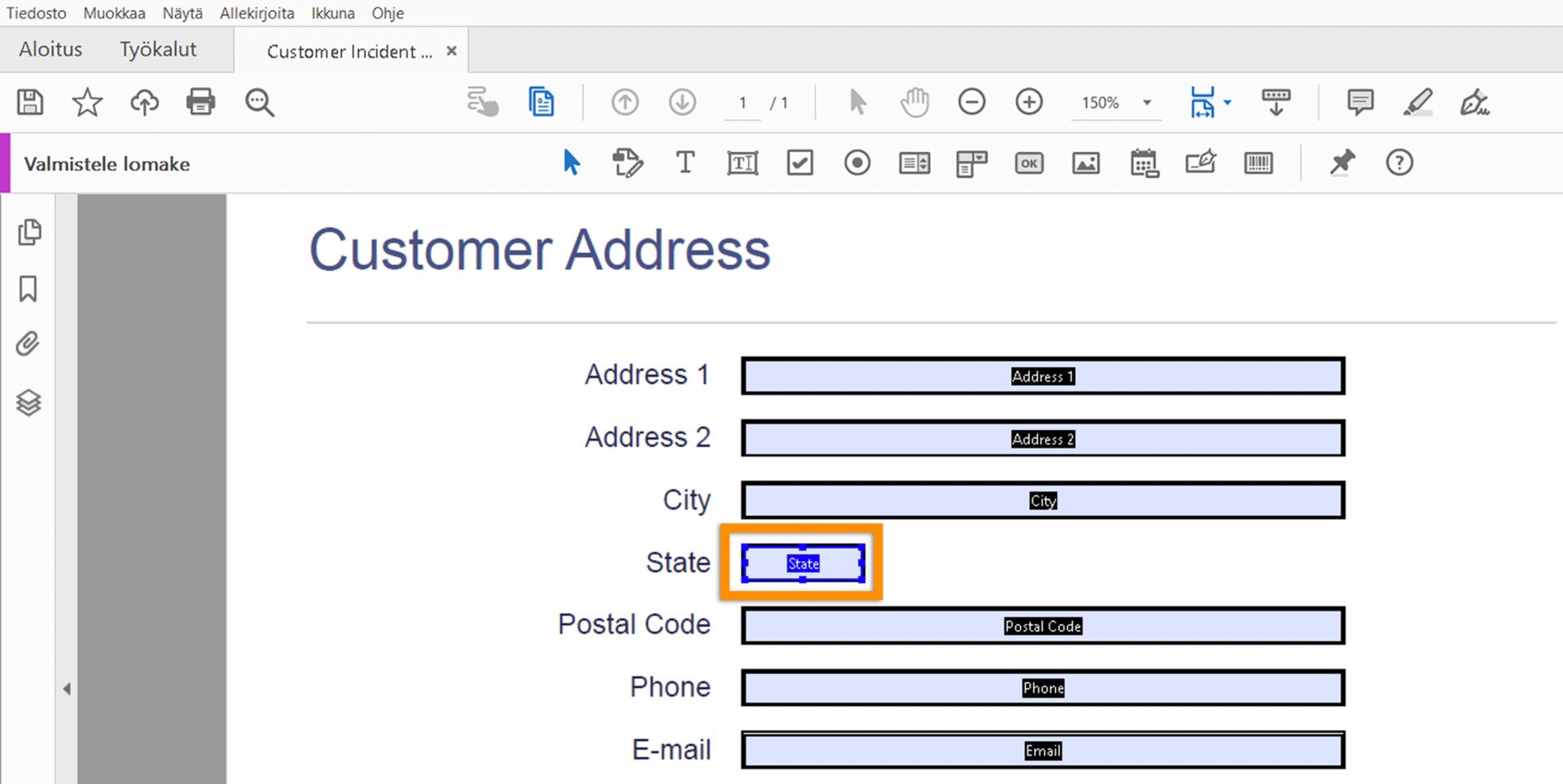 Sarkainlomakekentät muokkauksen aikana