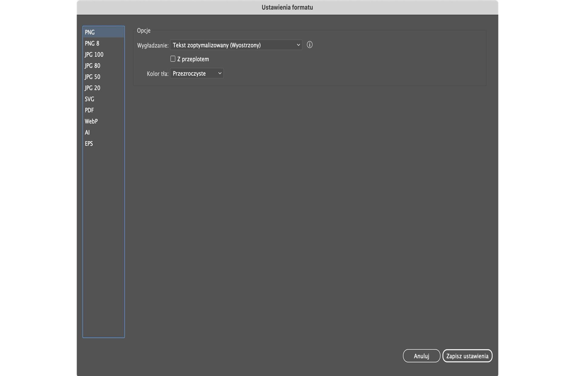 W oknie dialogowym Ustawienia formatu wybierz ustawienia właściwe dla danego formatu. 