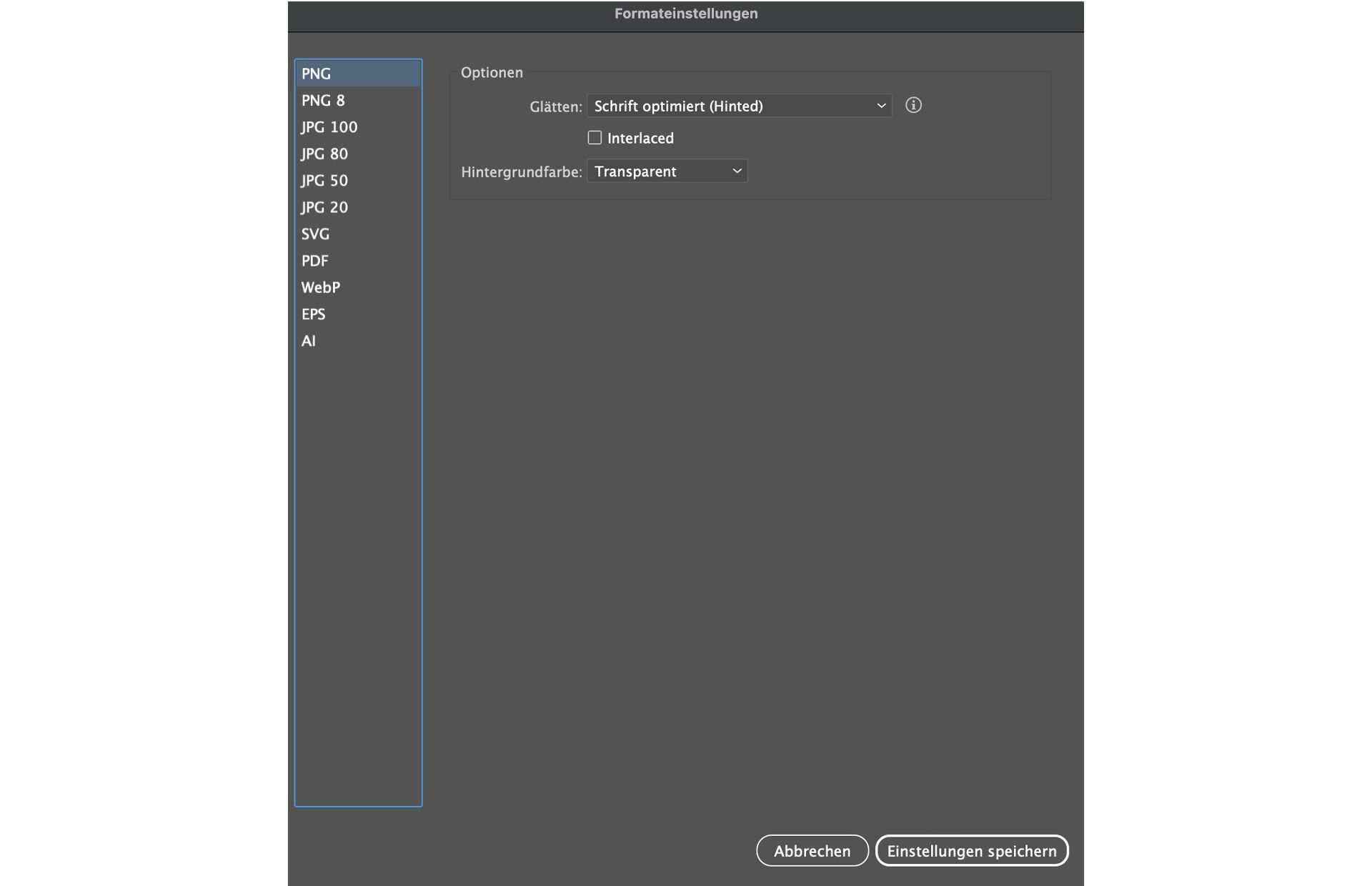 Gib im Dialogfeld „Formateinstellungen“ formatspezifische Einstellungen an. 