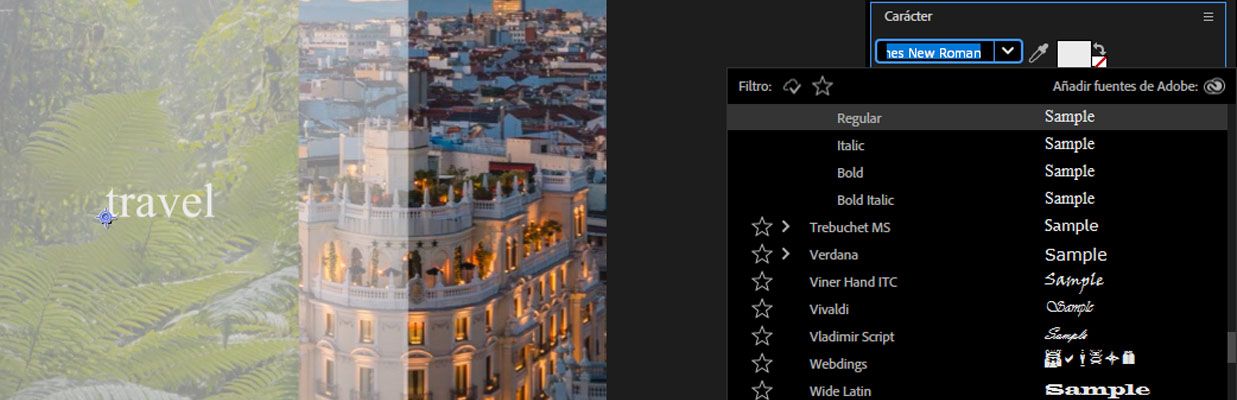 El panel Carácter está abierto y el menú desplegable Fuente está abierto mostrando todas las fuentes disponibles.