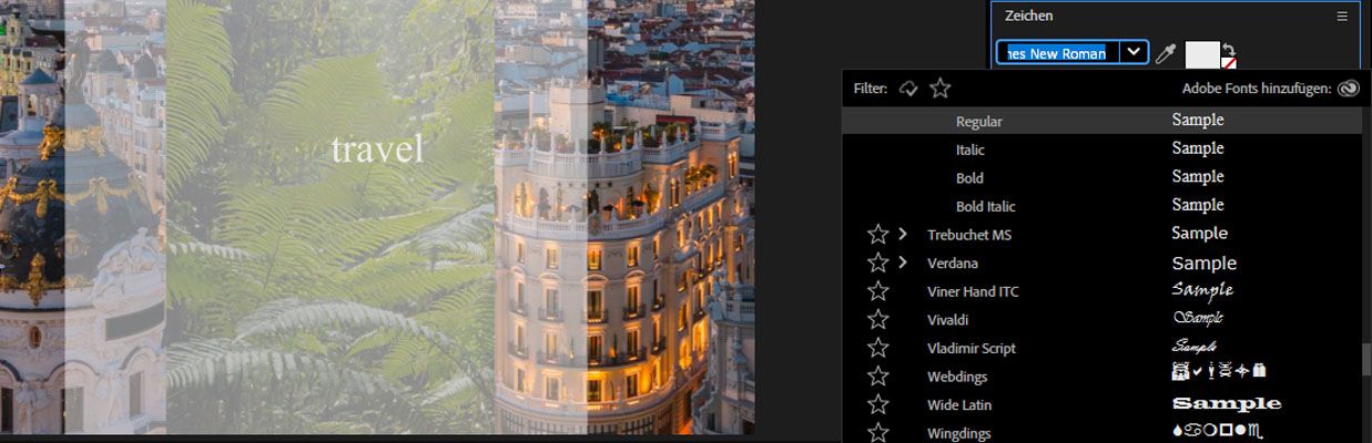 Das Bedienfeld „Zeichen“ mit geöffnetem Dropdown-Menü „Schrift“, das alle verfügbaren Schriftarten anzeigt.