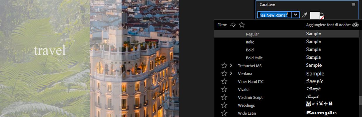 Il pannello Carattere è aperto, insieme al menu a discesa Font, mostrando tutti i font disponibili.
