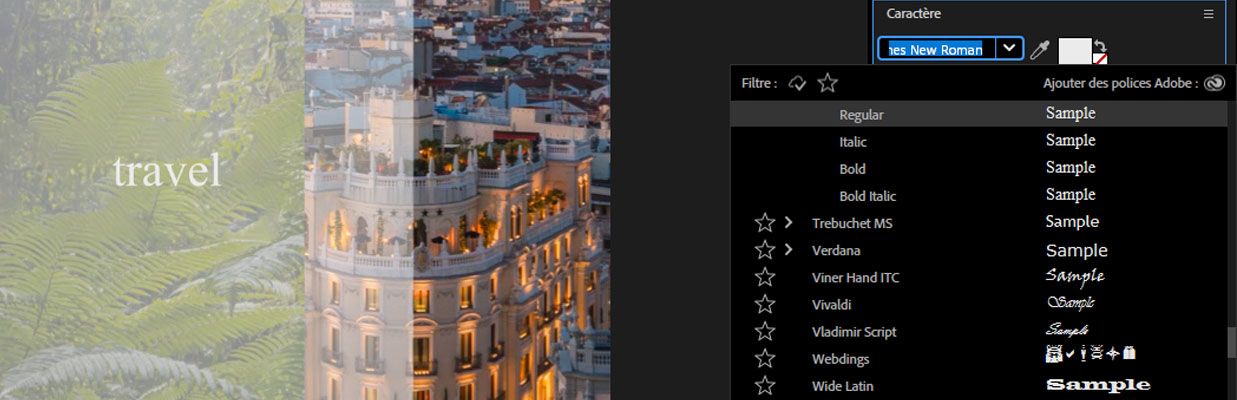 Le panneau Caractère est ouvert, et le menu déroulant Police est ouvert, affichant toutes les polices disponibles.