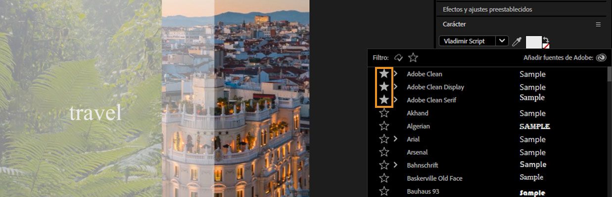 El panel Carácter está abierto y el menú desplegable Fuente está abierto mostrando fuentes que están marcadas como favoritas.