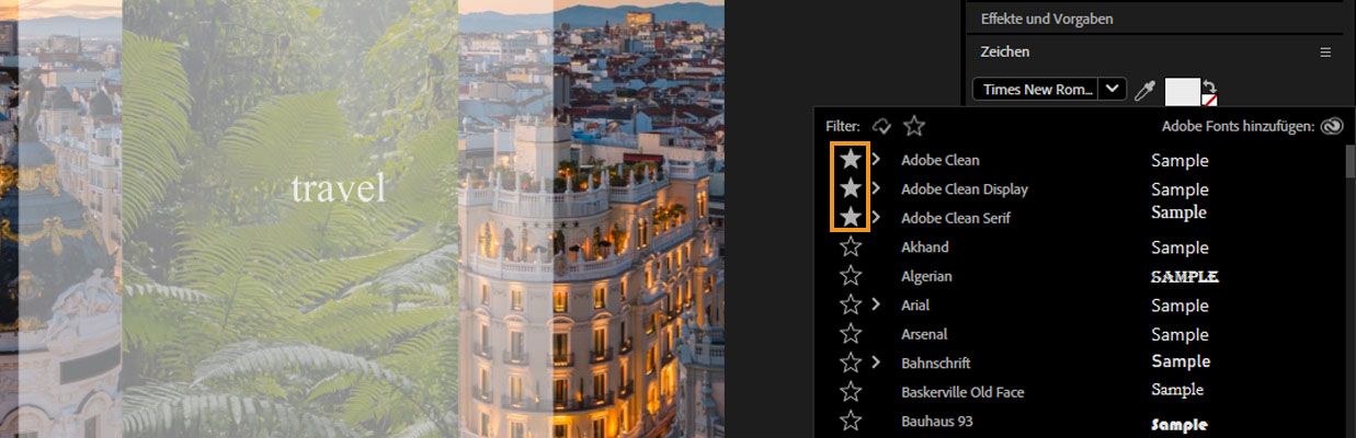 Das Bedienfeld „Zeichen“ mit geöffnetem Dropdown-Menü „Schrift“, das alle als Favoriten gekennzeichneten Schriftarten anzeigt.