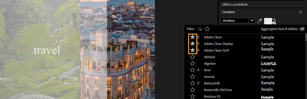 Il pannello Carattere è aperto e il menu a discesa font è aperto, mostrando i font contrassegnati come preferiti.
