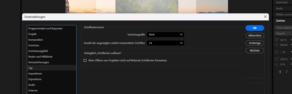Das Dialogfeld „Voreinstellungen“ ist geöffnet und mehrere Einstellungen für Schriftarten sind im Bereich „Schriftartenmenü“ verfügbar.