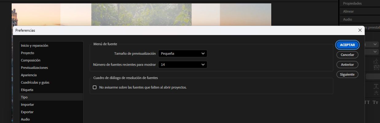 El cuadro de diálogo Preferencias está abierto, y múltiples configuraciones están disponibles para fuentes bajo la sección Menú de Fuentes.