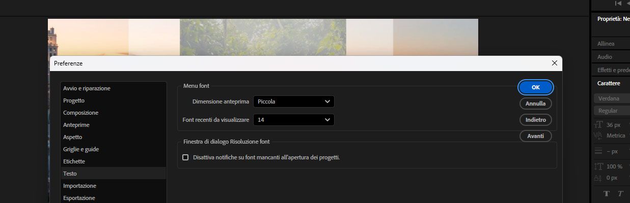 La finestra di dialogo Preferenze è aperta e sono disponibili più impostazioni per i font nella sezione menu Font.