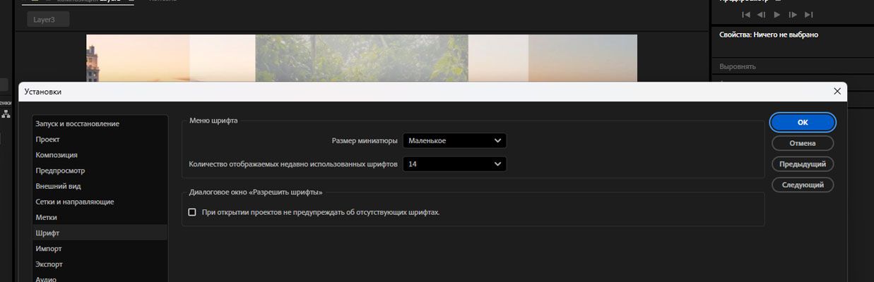 Диалоговое окно «Настройки» открыто, и в разделе «Меню шрифтов» доступно несколько настроек для шрифтов.