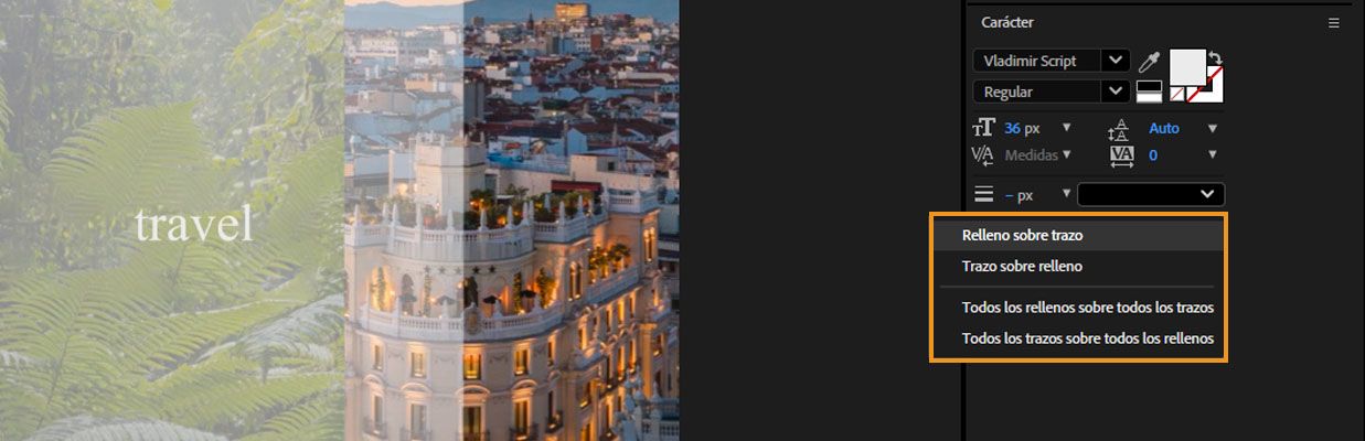 El menú desplegable para seleccionar el control del orden de composición del relleno y del trazo para una capa de texto está abierto.