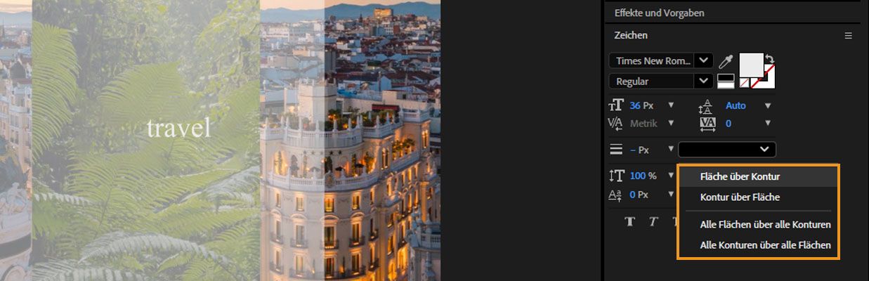 Das Dropdown zur Auswahl der Steuerung der Kompositionsreihenfolge von Flächen und Konturen für eine Textebene ist geöffnet.