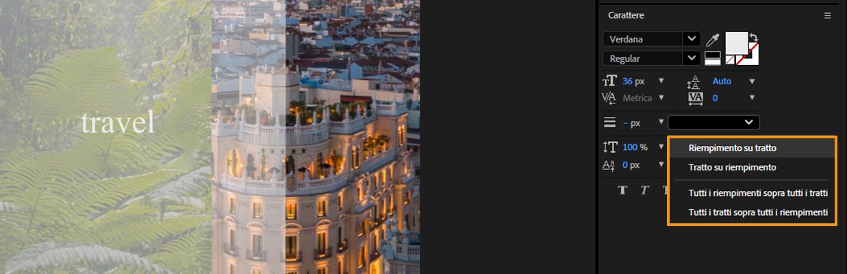 Il menu a discesa per selezionare il controllo sull’ordine di composizione del riempimento e della traccia per un livello di testo è aperto.