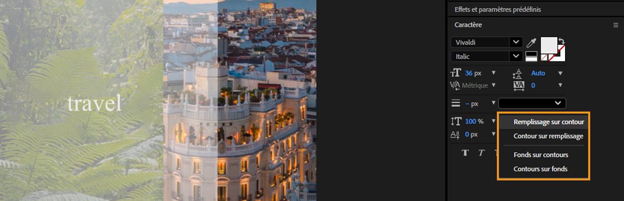 Le menu déroulant pour sélectionner le contrôle de l’ordre de composition du remplissage et du trait pour un calque de texte est ouvert.