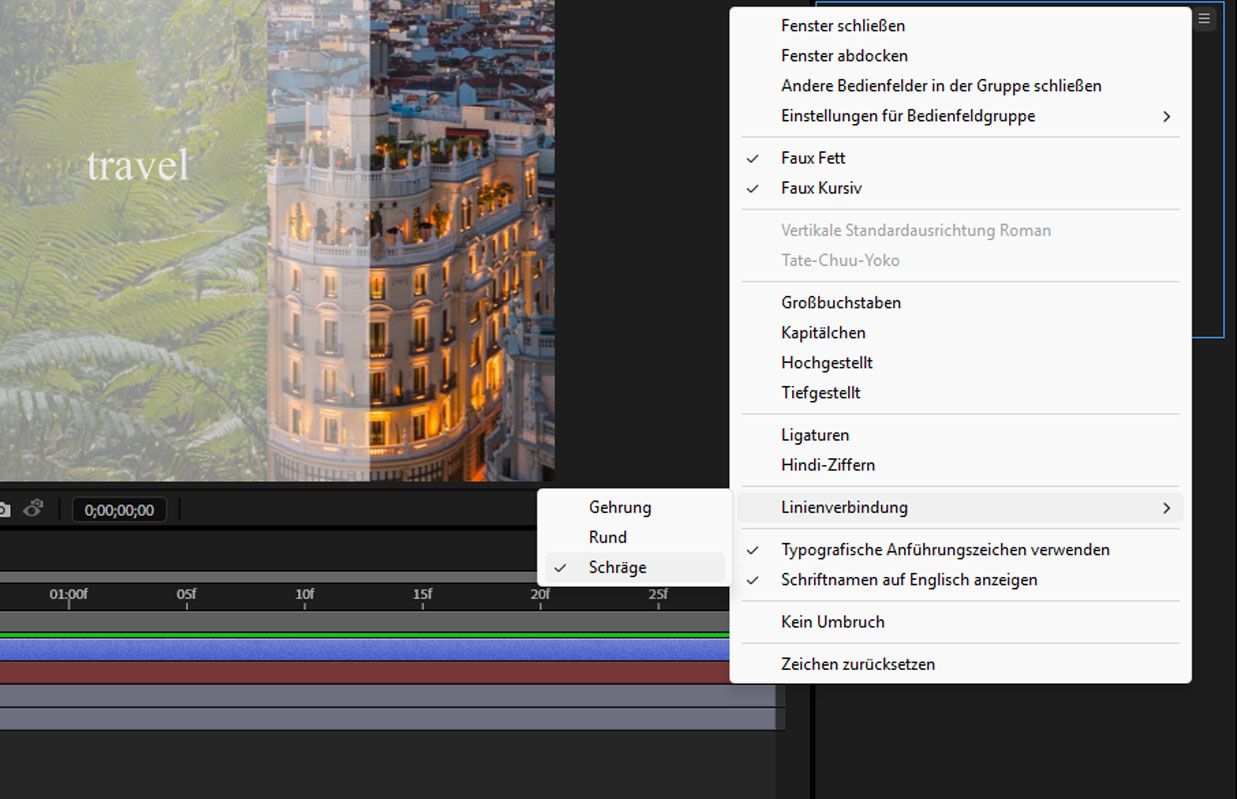 Verwende die Linienverbindung-Einstellung im Menü des Zeichen-Bedienfelds, um den Verbindungstyp für einen Textstrich festzulegen.