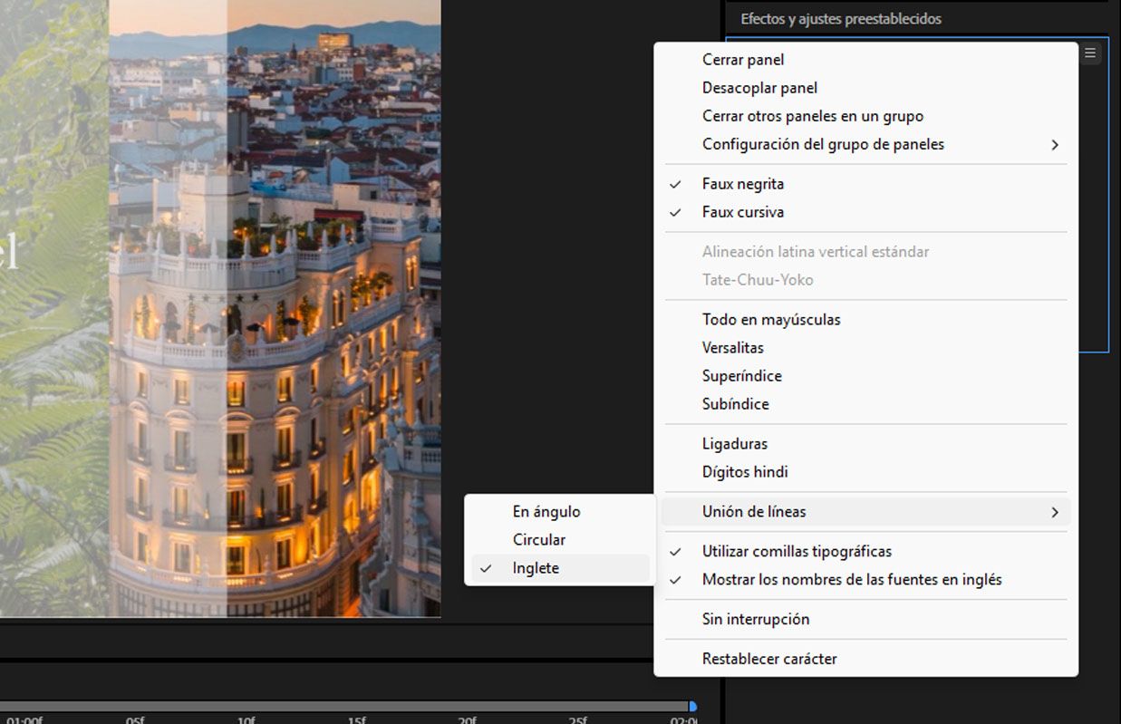 Use la configuración de Unión de líneas en el menú del panel Character para definir el tipo de unión para un trazo de texto.