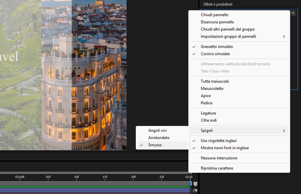 Utilizza l’impostazione Unione linea nel menu del pannello Carattere per impostare il tipo di unione per il tratto di un testo.