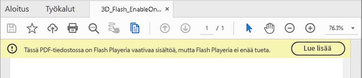 Varoitus, joka näytetään, kun Flash Playeria ei ole asennettu