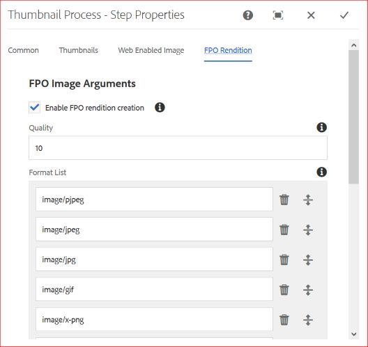 Enable FPO rendition creation (Attiva creazione interpretazioni FPO) nel flusso di lavoro Process Thumbnail (Elabora miniature).