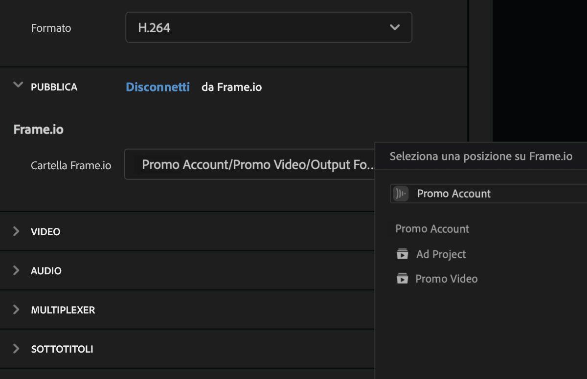Seleziona qualsiasi cartella presente nel progetto come posizione di output su Frame.io.