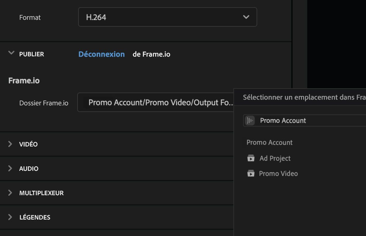 Sélectionnez n'importe quel dossier associé au projet comme emplacement de sortie sur Frame.io.