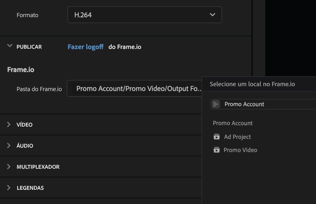 Selecione qualquer pasta presente no projeto como local de saída no Frame.io.