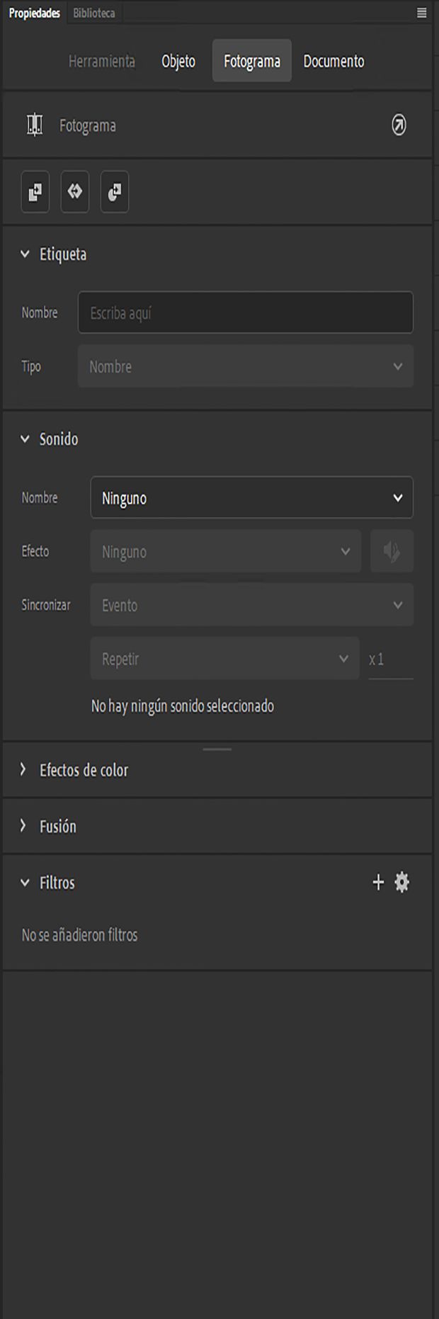 Inspector de propiedades de fotograma
